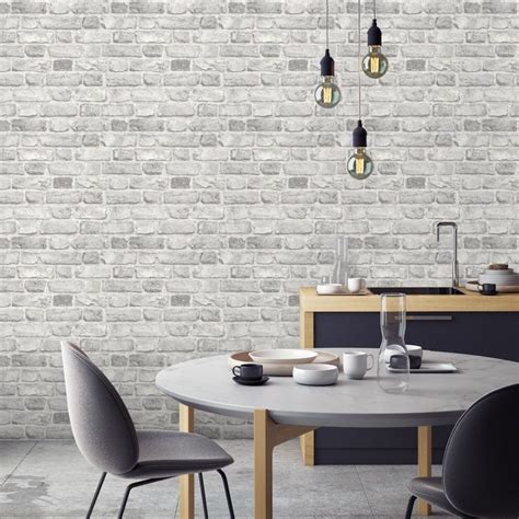 Battersea Brick Wall Effect Wallpaper In Grey Brick Wall Living Room