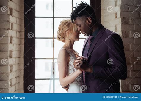 Interracial Tender Wedding Couple Young African American Man And