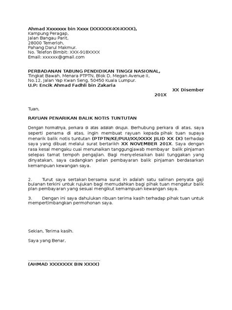 Jabatan kastam diraja malaysia (jkdm) dikesan membuat lebihan bayaran kepada tuntutan cukai barang dan perkhidmatan (gst) sebanyak rm4.38 juta, kata ketua. Contoh Surat Rayuan Penarikan Balik Notis Tuntutan PTPTN