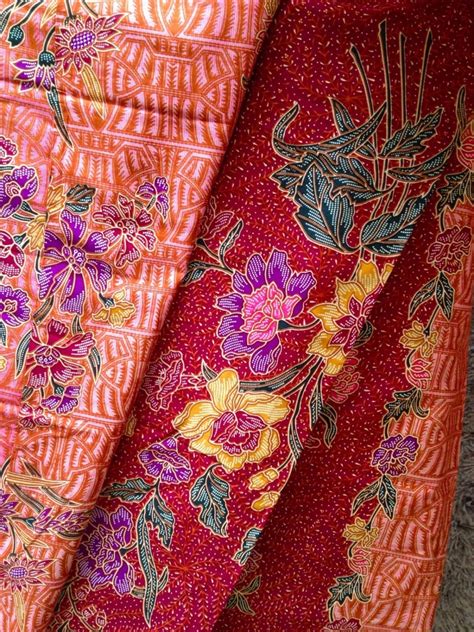 2 Yards Malaysian Batik Fabric Red And Brown Floral Print Sarong