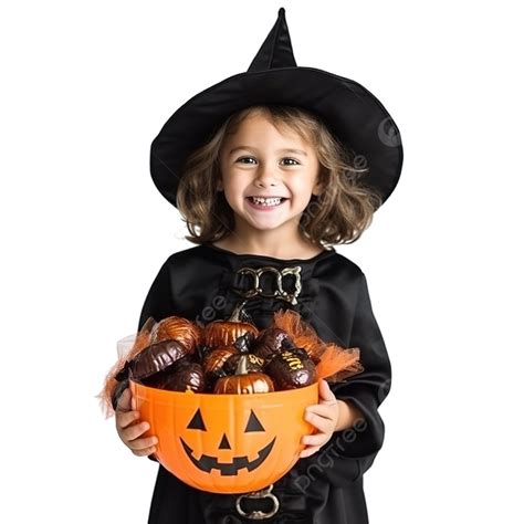 Little Caucasian Kid Playing With Halloween Trick Or Treat Candy