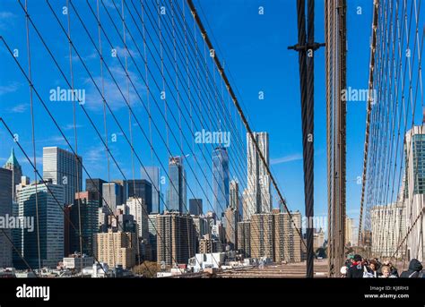 Lower Manhattan Skyline Seen From The Brooklyn Bridge Stock Photo Alamy