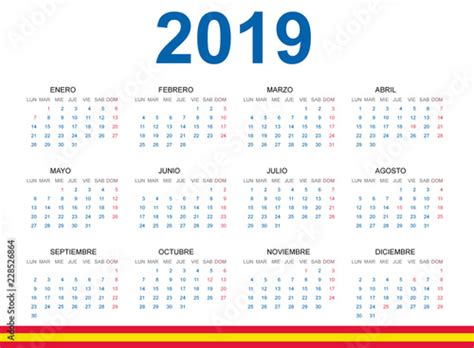 Calendario 2019 En Español Con Fiestas De España Stock Vector Adobe