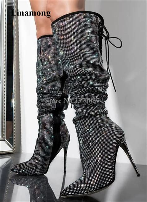women luxurious bling bling pointed toe rhinestone thin heel over knee boots back lace up black