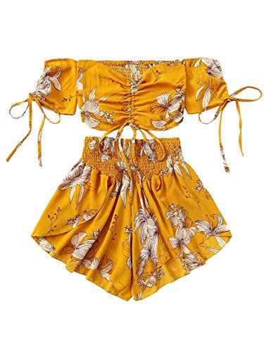 Shein Women S Boho Floral Two Piece Outfit Off Shoulder Drawstring Crop Top And Shorts Set Large