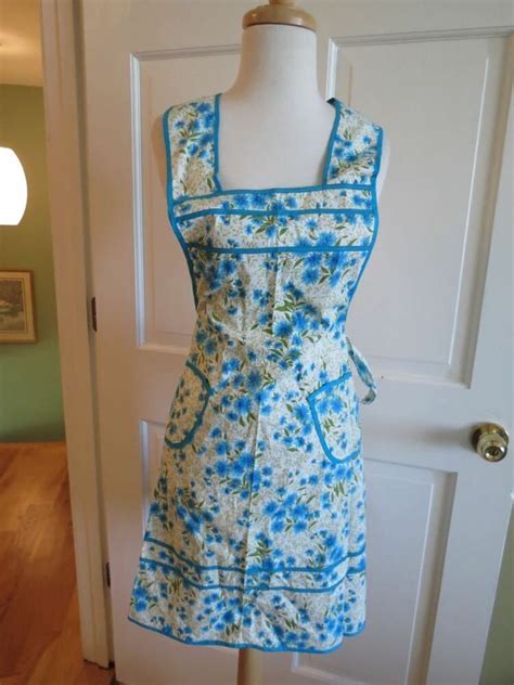 Pretty Vintage Mid Century Blue Floral Trim Bib Apron With Pocket