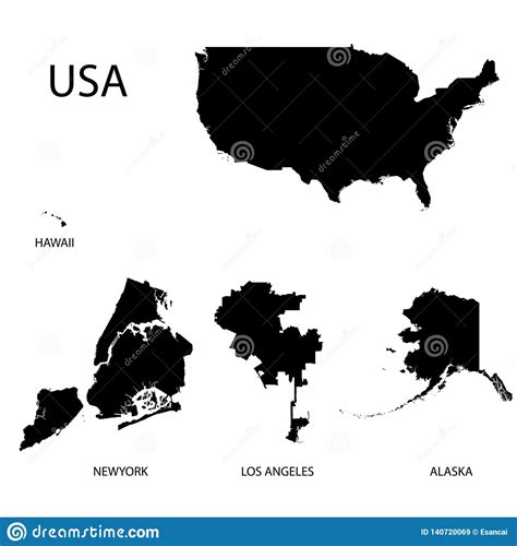 Map Of Usa And Big 4 Cities Stock Vector Illustration Of American