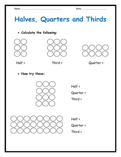 Halves Quarters And Thirds Worksheets Teaching Resources