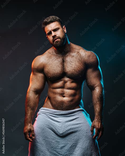 Plakat Big Muscled Man In White Towel Handsome Hunk Posing Is Studio