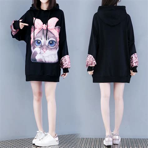 Cat Print Black Sweatshirts For Womens Harajuku Long Sleeve Sequined