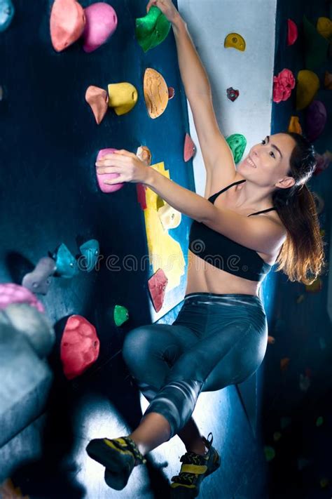 Muscle Female Woman Climbing Bouldering In Training Hall Stock Photo