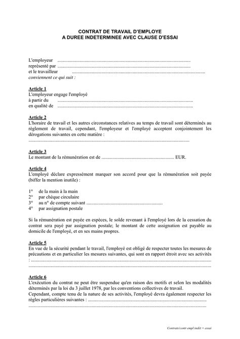 Contrat De Travail Demploye A Duree Indeterminee Avec Clause D Essai DOC PDF Page Sur