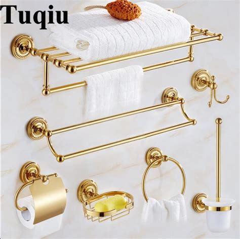 brass bathroom accessories set gold robe hook toilet brush paper holder towel bar soap basket
