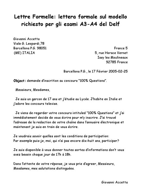 Lettre Formelle Lettera Formale Sul Modello Richiesto Per Gli Esami A3