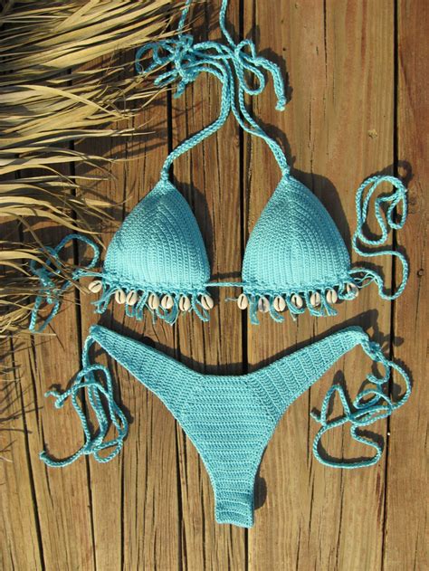 High Hip Crochet Bikini Set Aqua Blue With Cowrie Sea Shell Etsy