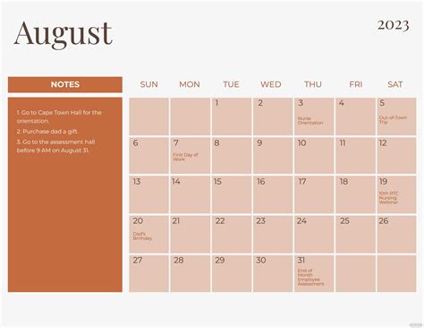 Simple August 2023 Calendar Template In Illustrator Eps  Excel
