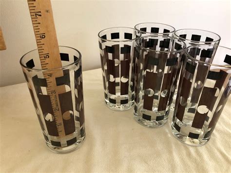 Mcm Drinking Glasses Set Of 6 Retro Drinking Glasses With Geometric Brown And Black Designs On