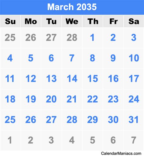March 2035 Calendar