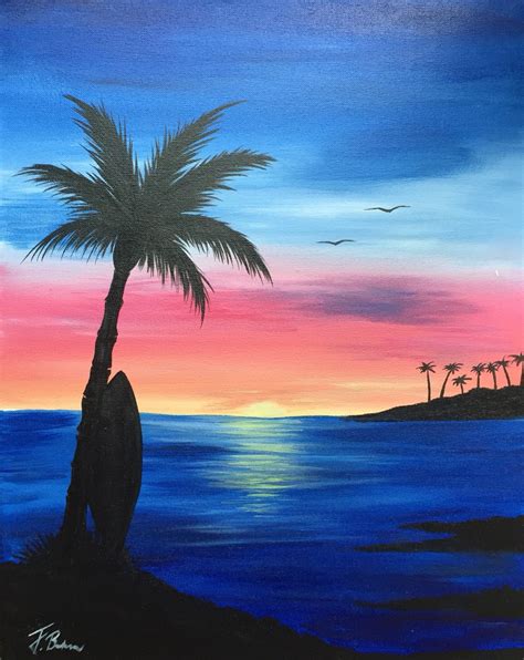 Island Sunrise Surfboard Painting Sunrise Painting Seascape Paintings