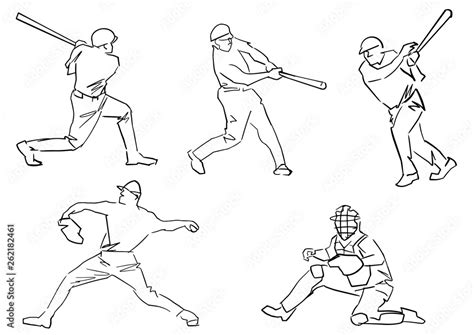 Set Of Baseball Players Pitcher Batter Catcher Active Pose