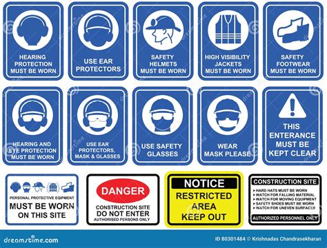 Blue Mandatory Set Of Safety Equipment Signs In White Pictogram Stock