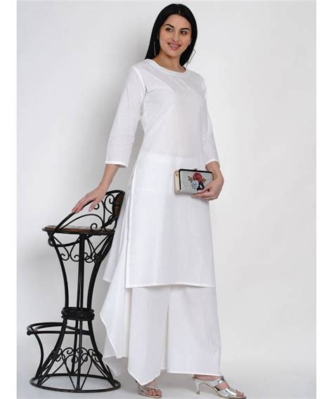 Women Basic Essential Cotton White Kurta With White Assymetrical Pant