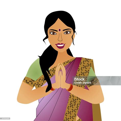 Indian Woman Wearing Sari Saying Namaste Stock Illustration Download