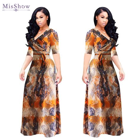 Misshow Plus Size Half Sleeve Printed Women Dress Sexy V Neck Casual Maxi Dress Autumn Winter