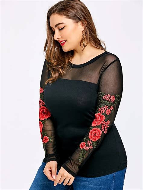 Embroidery Sheer Long Sleeve T Shirt Women Summer Tops Plus Size Casual