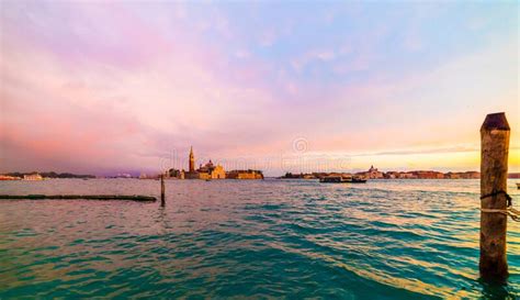 Beautiful Venice Sunset View With City Lights Venice Italy Stock