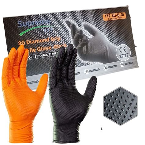 Extra Strong Thick Diamond Grip Nitrile Gloves Orange Black Mechanic