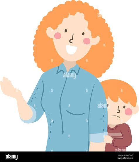 Illustration Of A Kid Boy Hiding Behind His Talking Mother And Being