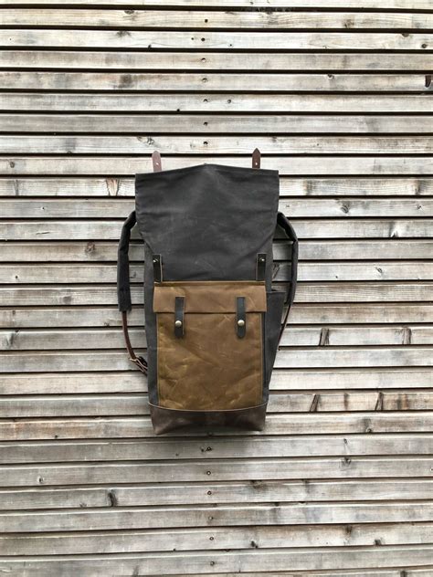 Waxed Canvas Leather Backpack Medium Size Hipster Backpack With Roll