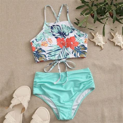 63 two piece swimsuit for women bikini high waisted sexy floral print lace up ruched tankini