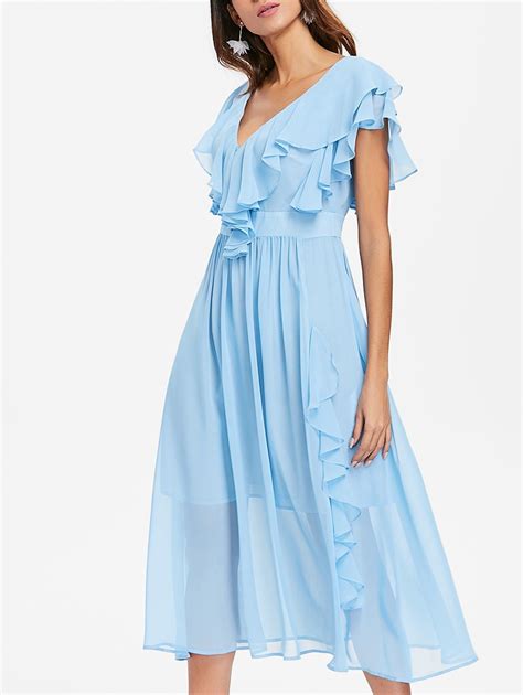 Ruffle Deep V Neck Backless Midi Prom Dress Light Sky Blue 3679702513 Size S Off Shoulder