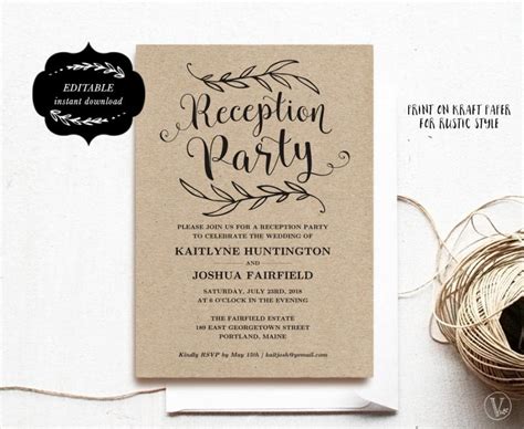 Wedding Reception Party Invitation Template Kraft Reception Card
