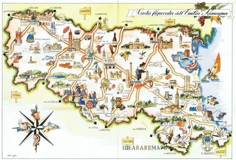 Mappa interattiva politica/fisica, stradario, pianta, tuttocittà comuni emiliani e romagnoli. Carta Figurata dell'Emilia Romagna - Idea Rare Maps