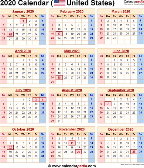 Printable 2020 Calendar With Holidays Usa Calendar Template Printable