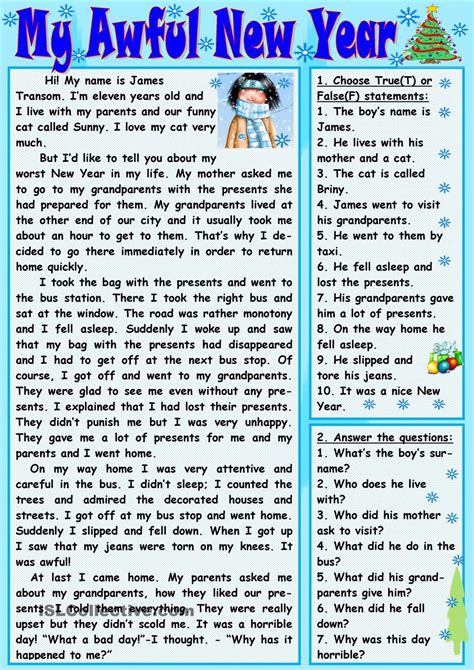Welcome to ixl's year 4 english page. My Awful New Year | Esl reading comprehension, Reading ...