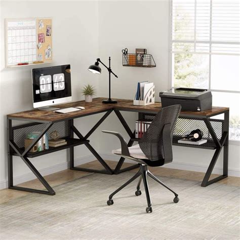 Angled design allows you to fit the desk in a corner and organize wires through the back for a clean, tidy look; L-Shaped Computer Desk with Open Storage Shelves, Two ...