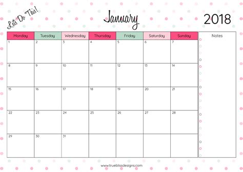 2018 Monthly Printable Calendar Lets Do This True Bliss Designs