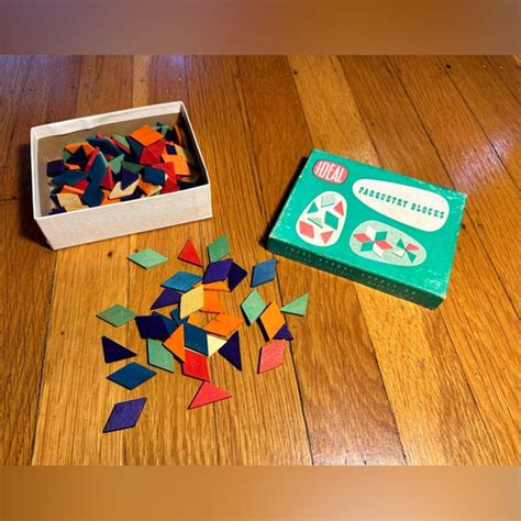 Toys Vintage Ideal Parquetry Blocks 25 Pieces Colored Wooden Shapes