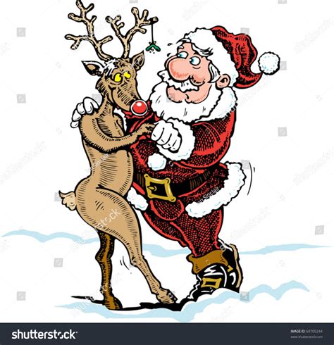 Cartoon Of Santa And Rudolf The Reindeer Dancing In The Snow Under The