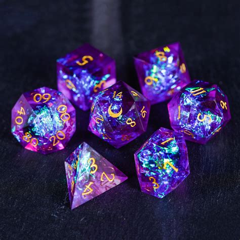 Purple Glitter Resin Galaxy Dice Moon Dice Set Etsy Dungeons And
