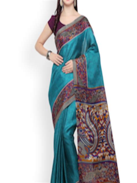 Buy Satrani Teal Silk Blend Printed Tussar Saree Sarees For Women