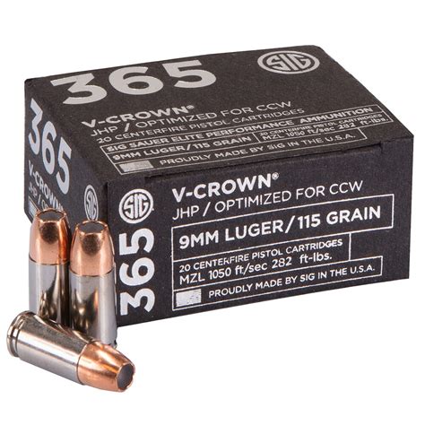 Sig Sauer Ammo 9mm 115gr Elite V Crown Jacketed Hollow Point 20box