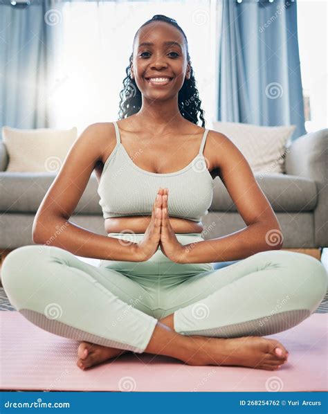 Yoga Namaste Woman And Zen Portrait In Living Room For Fitness Exercise And Mindfulness