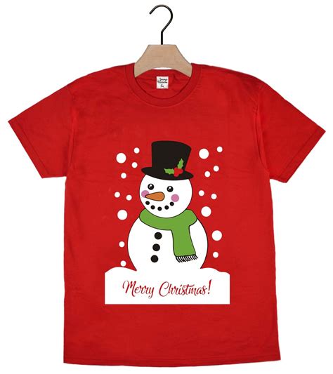 Camiseta De Navidad Para Hombre Y Mujer Roja Con Muñeco De Nieve