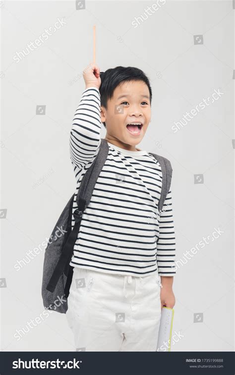 Portrait Handsome Schoolboy Hold Pencil Pointing Stock Photo 1735199888