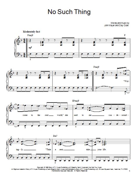 No Such Thing Sheet Music John Mayer Easy Piano